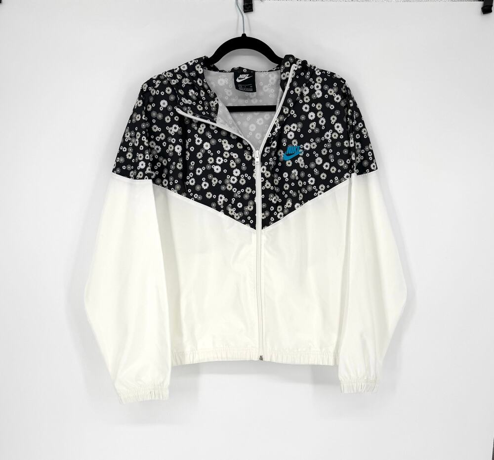 Nike Windrunner Women's Small Floral Black White Cropped Hooded Jacket Full Zip